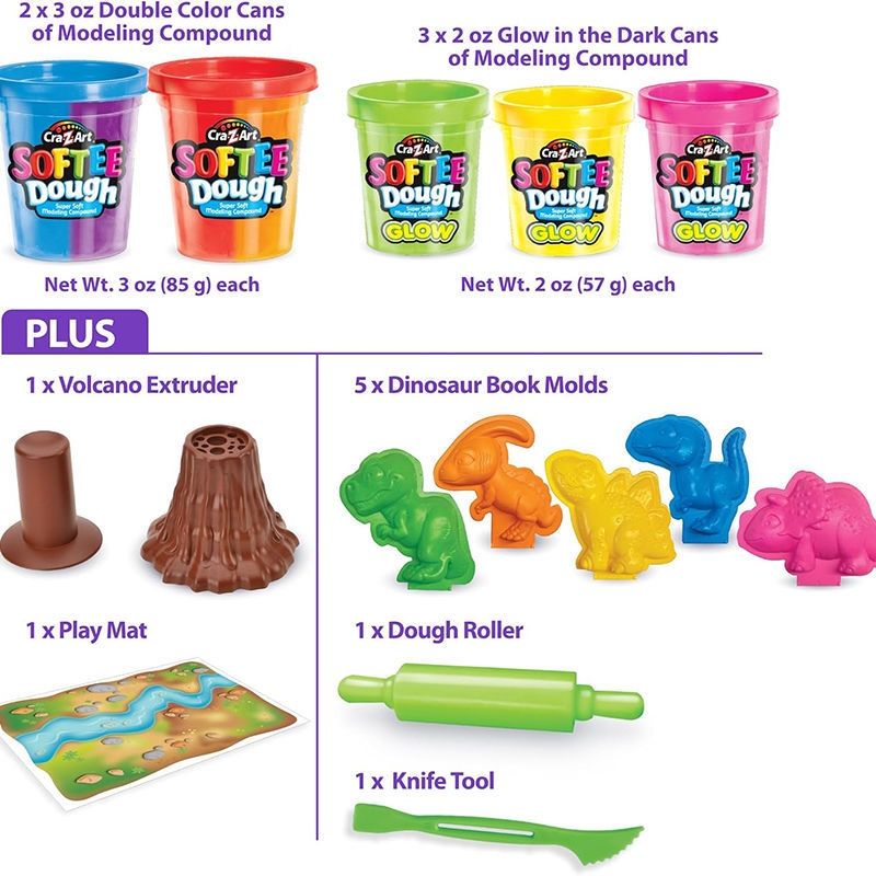 Cra-Z-Art Dino Fluorescent Modelling Clay - Φωσφορίζουσα Πλαστελίνη με Ηφαίστειο & Καλούπια Δεινοσαύρων - 3+ Ετών Lexibook  CRDOUGH11
